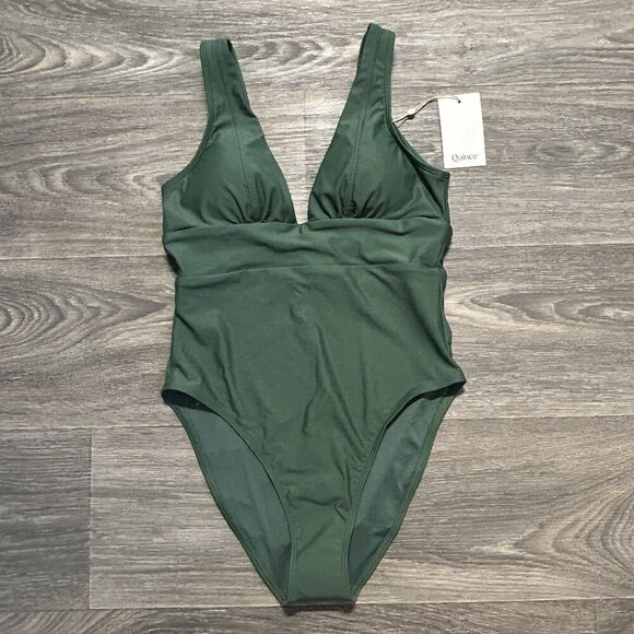 NWT Quince Small Italian Plunge One Piece Swimsuit Green Palm Swim Bathing Suit - Picture 1 of 10